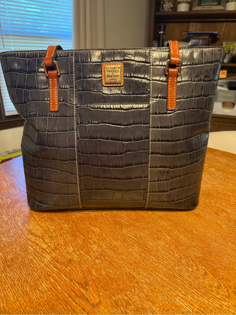Dooney & Bourke Black Croc-Embossed Tote with Brown Trim